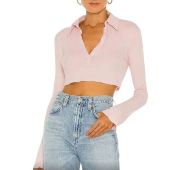 Lovers + Friends Tops - Lovers & Friends Celeste Blush Pink Waffle Knit Cropped Polo Top S